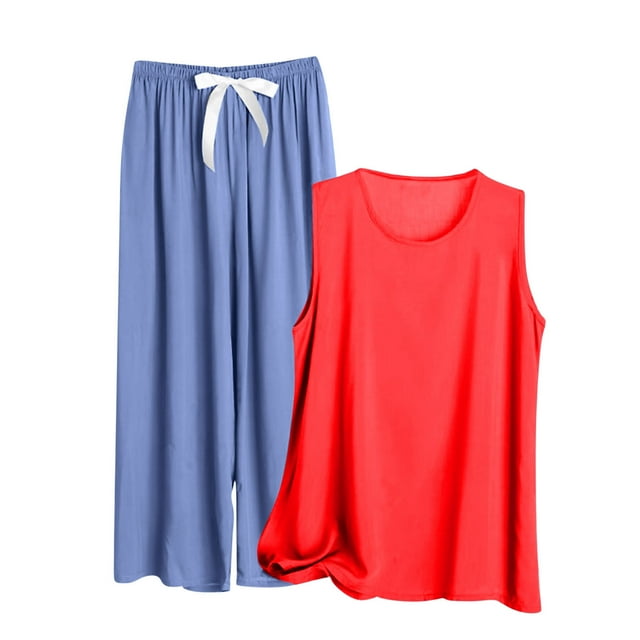Pyjama Grande Taille pour Femmes, Ensemble Tendance 2 Pcs, Camisoles et Pantalons Longs, Automne Été, Vêtements de Nuit, Rouge, 5TG