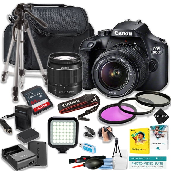 Canon EOS 4000D DSLR Camera w/EF-S 18-55mm DC III Lens   64GB SanDisk Ultra Memory Card   Spare high Copacity Battery and Charger   More (18pc Bundle) (International Version)