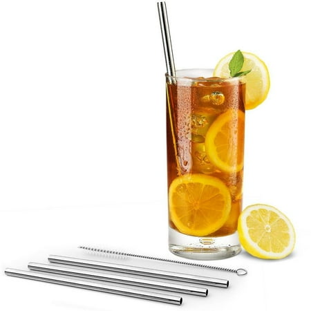 Greenco Unbreakable Stainless Steel Reusable Straws with Cleaning Brush (Set of 4), Stainless Steel