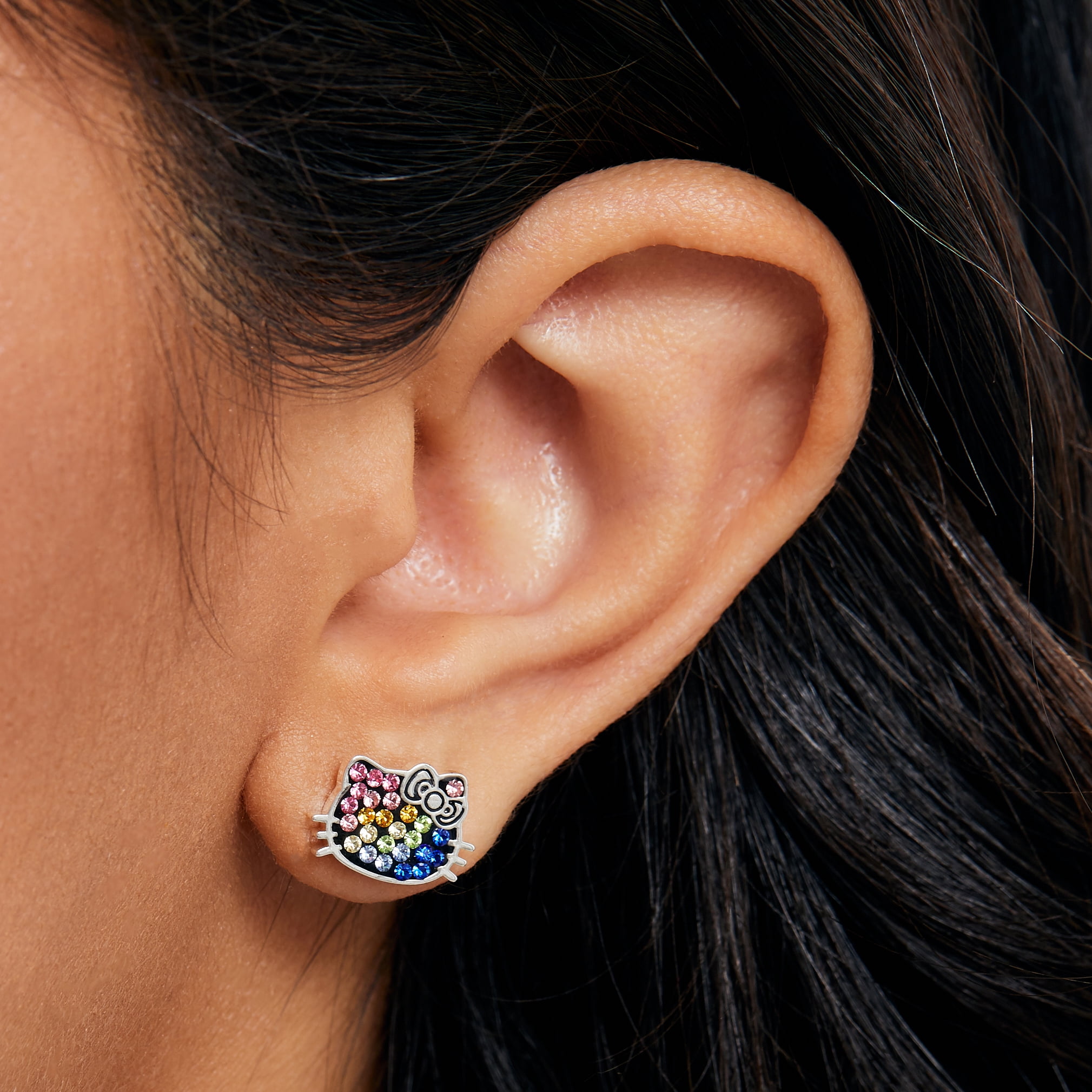 Sanrio Hello Kitty Womens Rainbow Crystal Stud Earrings - Silver Plated Rainbow Hello Kitty Earrings Officially Licensed