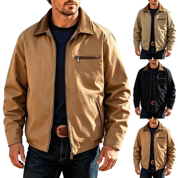 Eygvbb Men's Vintage Zip Up Jacket with Contrast Collar Chest Pocket Side Pockets Casual Coat for Fall Winter Business Daily Wear