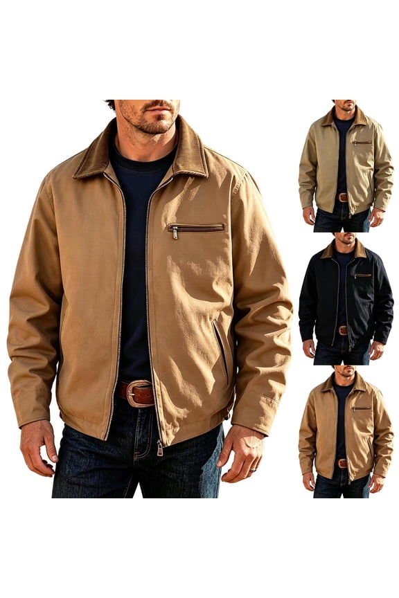 Men's Vintage Cargo Jackets Hiking Camping Climbing Work Trucker Jackets Fleece Lined Lapel Full Zip Casual Outdoor Jackets with Pockets Khaki XL