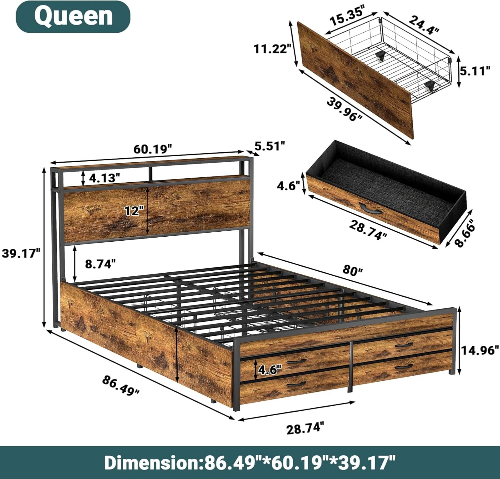 AENKYO Queen Size Bed Frame with 8 Storage Drawers, Headboard with Charging Station and LED Lights, Rustic Brown