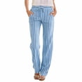 thumbnail image 2 of Women's Striped Linen Pants, High Waisted Elastic Waist Straight Leg Trousers, Drawstring Casual Beach Pants for Women, Summer Wide Leg Comfortable Palazzo Pants Light Blue XXL, 2 of 4