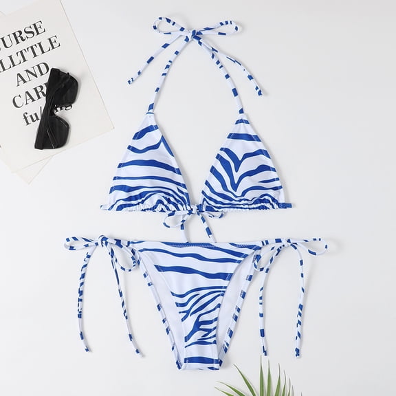 FINALGANG Womens Triangle Halter Neck Zebra Stripe Print Two Piece Bikini Set Tie Side String Bikini Bottom Basic Swim Suit Summer Swimwear For Pool Party Trip Fashion Swimwear L