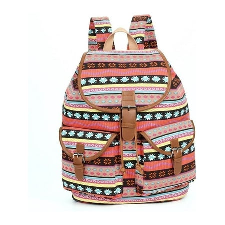 Girls Purple Motif Print Flap Pockets Cotton Canvas Backpack