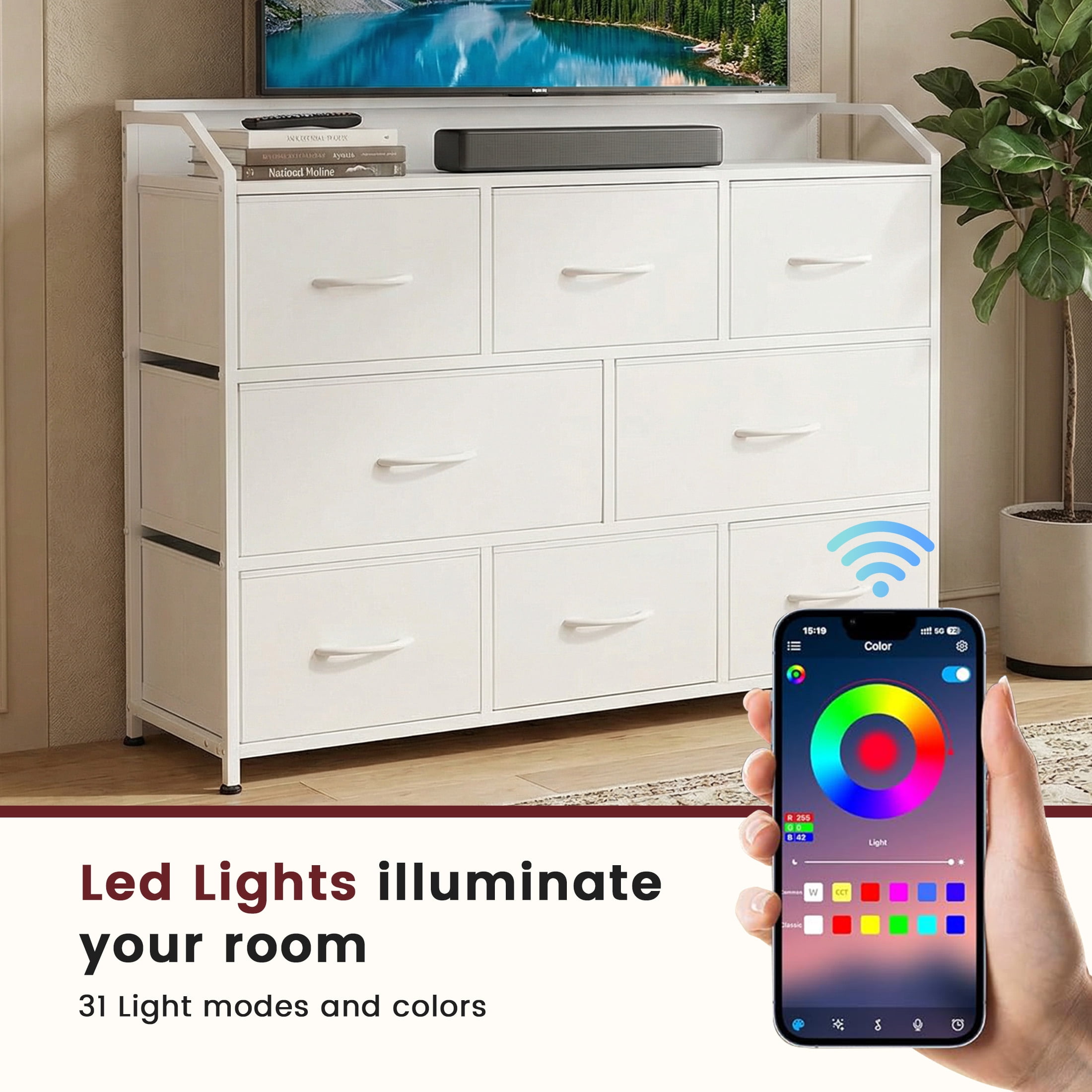 edx 8-Drawer Fabric Dresser with Power Outlets & LED Light, Multifunctional TV Stand Storage Cabinet for Bedroom, Living Room, Office & Hallway, White