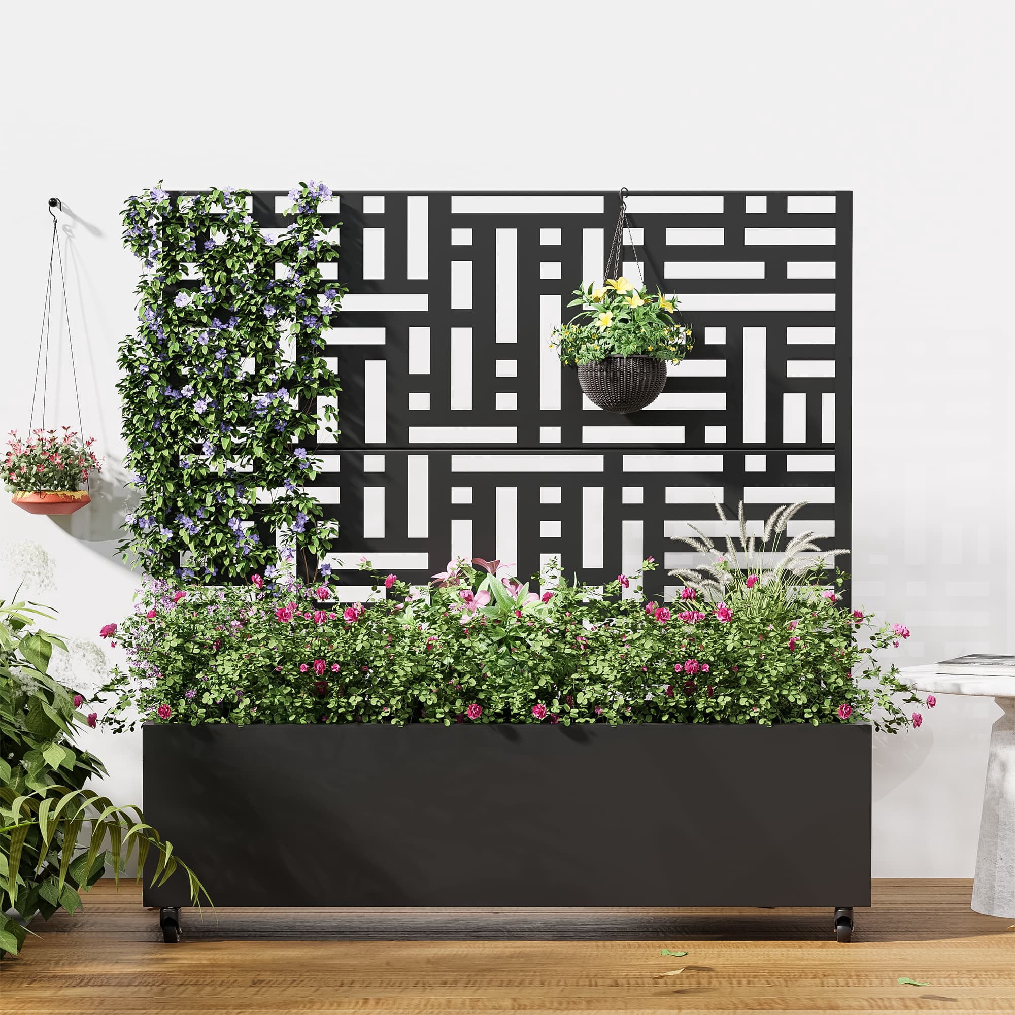 MAYEERTY 47.2"×47.2"×15.7" Black Iron Planter Box with Trellis - "Helen Street 01" Style, Suitable for Outdoor Spaces