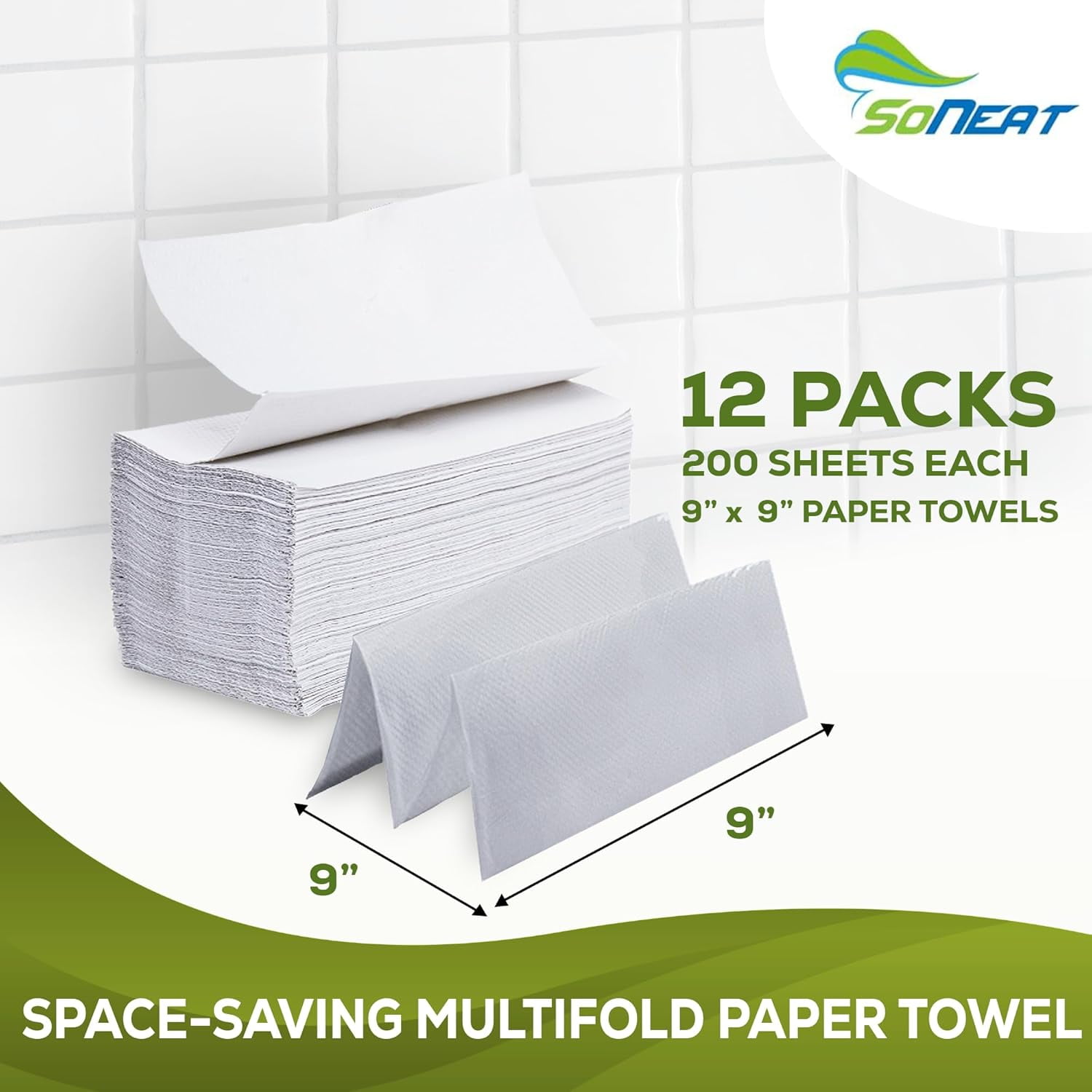 SoNeat Multifold Paper Towels, 2400 Sheets, 200 Count Per Pack Disposable Hand Towels for Bathroom, Commercial, Household, and Public Facilities, 100% Virgin Wood Pulp, 12 Packs