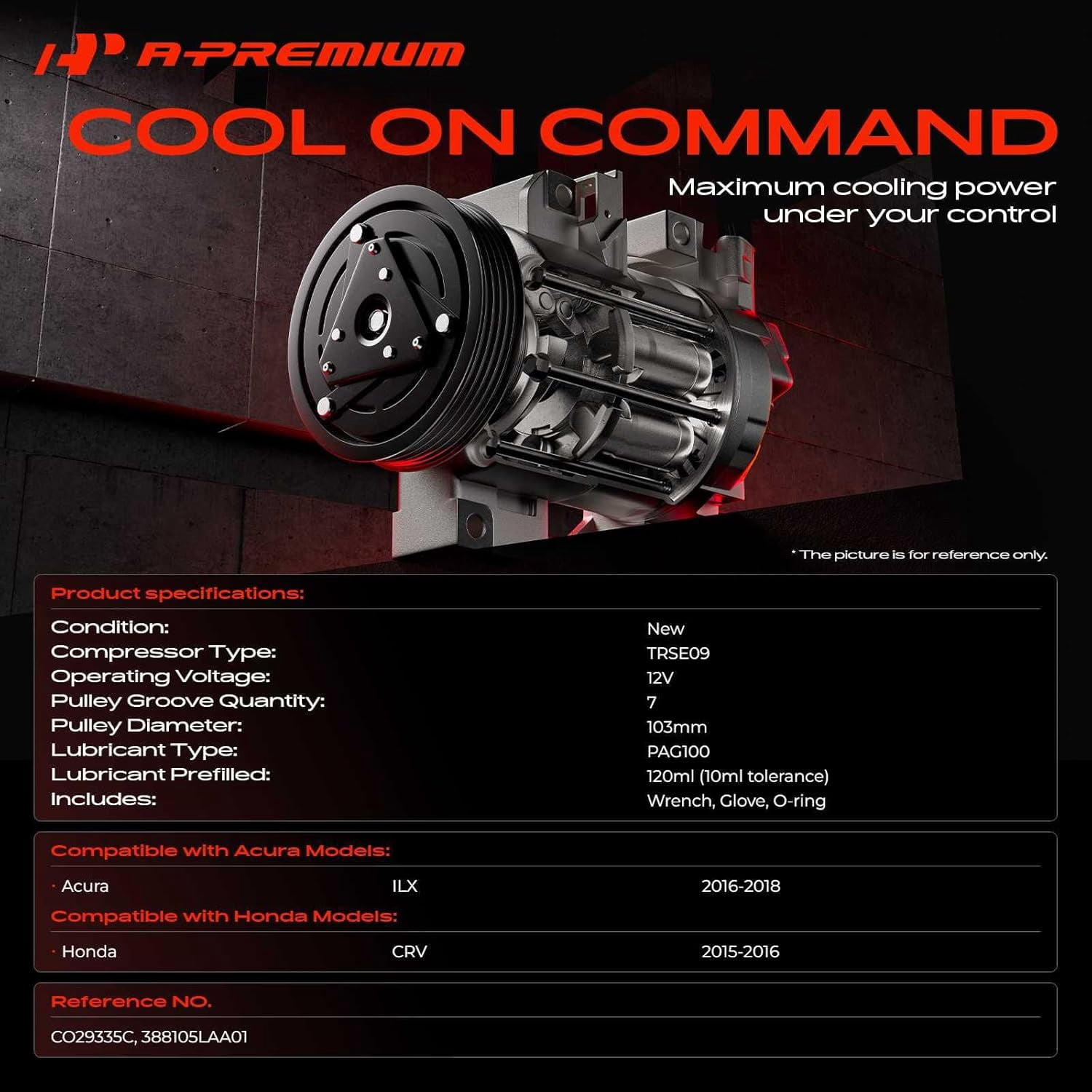 A-Premium Air Conditioner AC Compressor with Clutch Compatible with Honda CR-V 2.4L 2015-2016, Acura ILX 2.4L 2016-2018