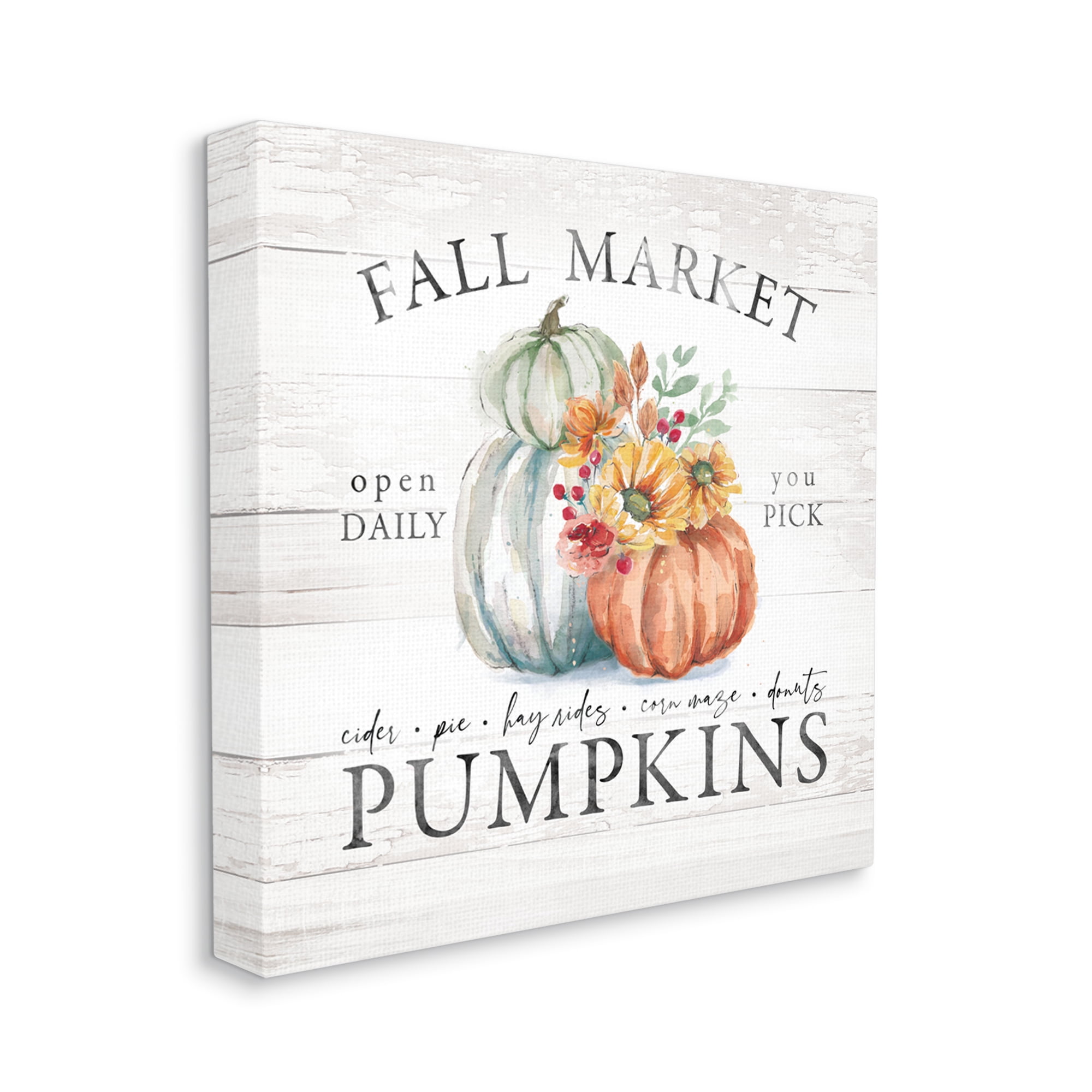 Fall Market Pumpkins Rustic Country Sign Autumn Florals Botanical & Floral Graphic Art Gallery-Wrapped Canvas Print Wall Art