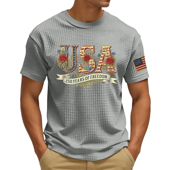Hogleaql Patriotic 250th Anniversary T-Shirt Men's 1776-2026 Patriotic Short Sleeve Crew Neck American Flag T-Shirts Casual Independence Day Loose Pullover Tops Light Gray M