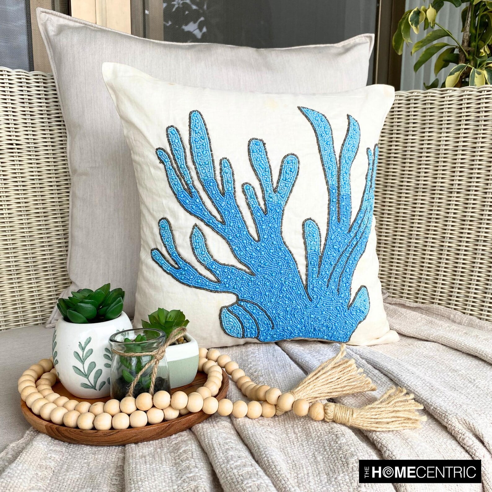 Throw Pillow Cover, Throw Pillow Cover For Couch, Aqua Blue 18x18 inch (45x45 cm) Beaded Coral Decorative Pillow Covers, Beach Style, Sea Creatures Pattern - Coral Treasure