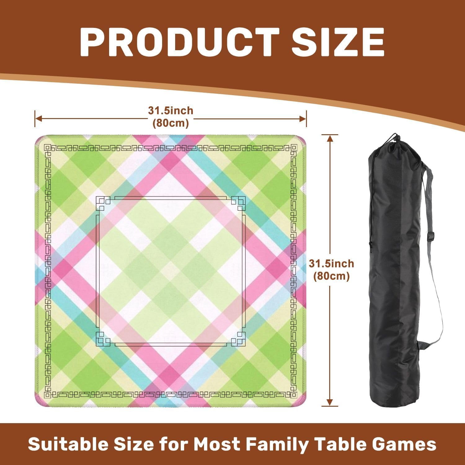 Mahjong Mat 31.5" x 31.5" Pastel Plaid Green Pink Blue Diagonal Stripes Non-Slip Noise Reduction Mahjong Tiles Table Cover for Dominoes Poker Card Board and Tile Games