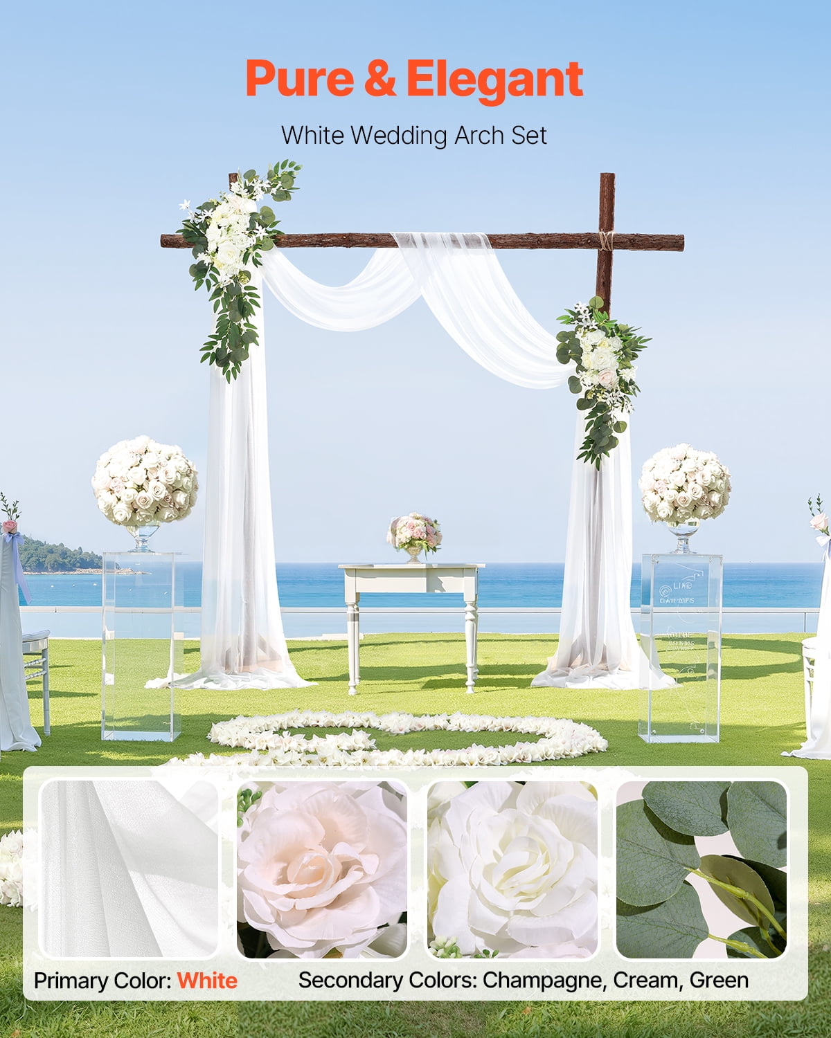 VEVOR Artificial Wedding Arch Flowers Kit, White Wedding Arch Flowers with Drapes Kit (Pack of 3) - 2 Pcs Floral Arrangement, 1 Pcs Sheer Drapes, for Ceremony Bouquets Reception Backdrop Decoration