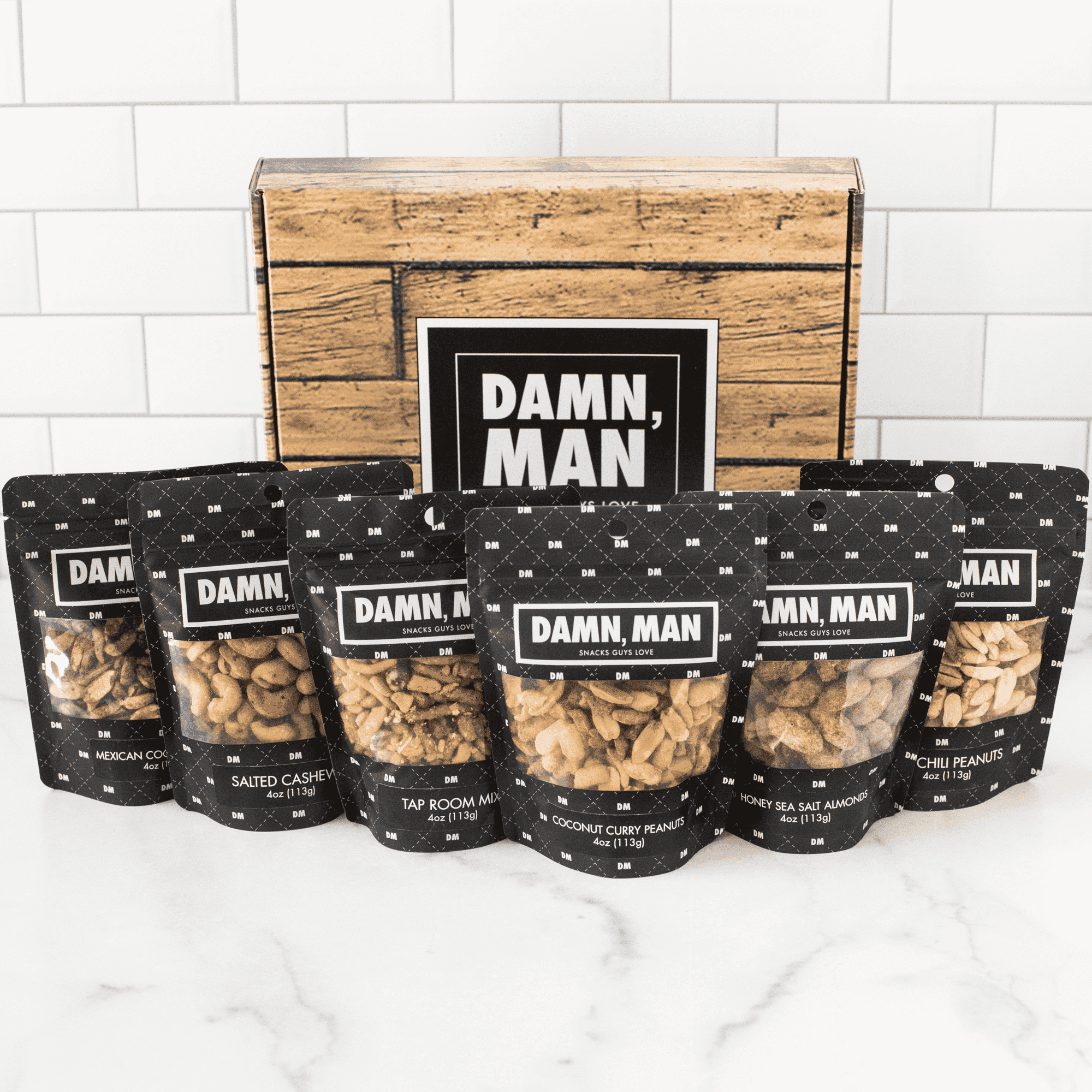 Damn, Man Gourmet Assorted Nut Box - Sweet & Salty Almonds Cashews & Peanuts - 6 Bags of Nuts - Father's Day Gift
