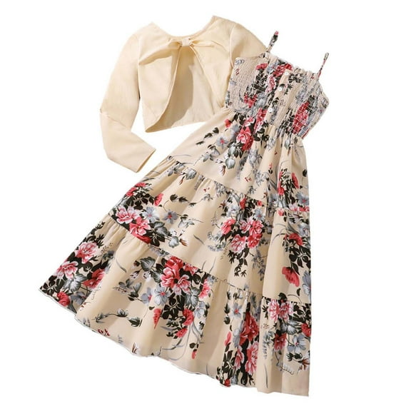 PRfgtbd Girls Dress And Cardigan Sets Girls' Sleeveless Floral Print Dress With Long Sleeve Cardigan Two Piece Set Spring Fall Casual Outfits Fashion Outfits Set