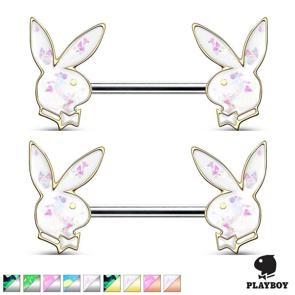 Surgical Steel Nipple Barbell w/ Crystal Paved Playboy Bunny Ends 