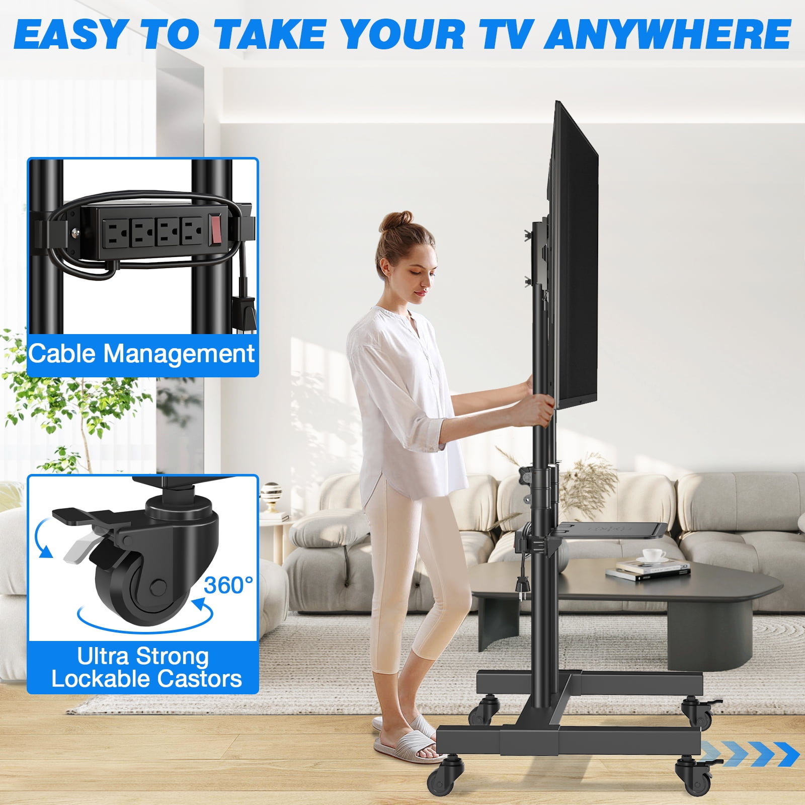 RTVR Upgraded Mobile TV Stand with Power Outlet for 32-85 inch Screens, Portable Adjustable Rolling TV Cart Stand with AV Shelf for Bedroom Home