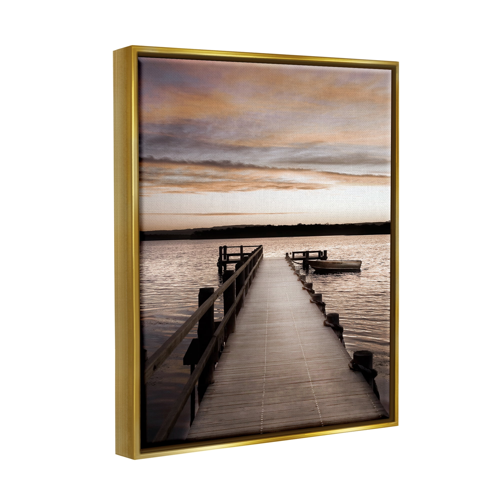 Stupell Industries Boat & Beach Pier Landscape Photography Gold Floater Framed Canvas Art Print Wall Art, 25 x 31
