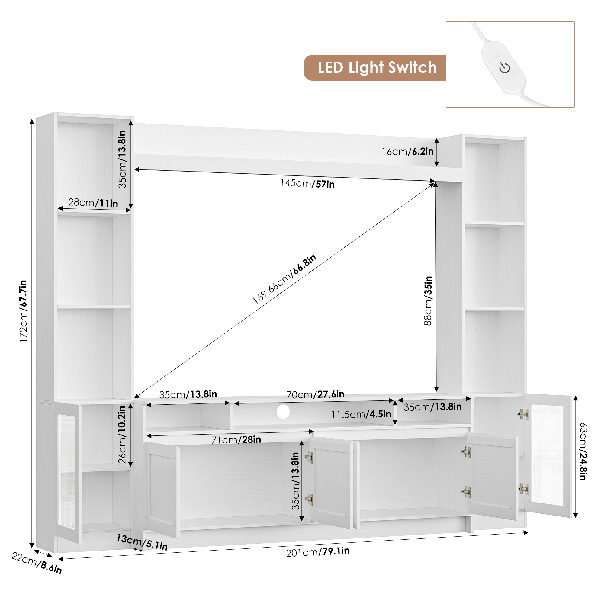 Hiphuta 79" Wall Unit Entertainment Center with Shelves, White photo 6