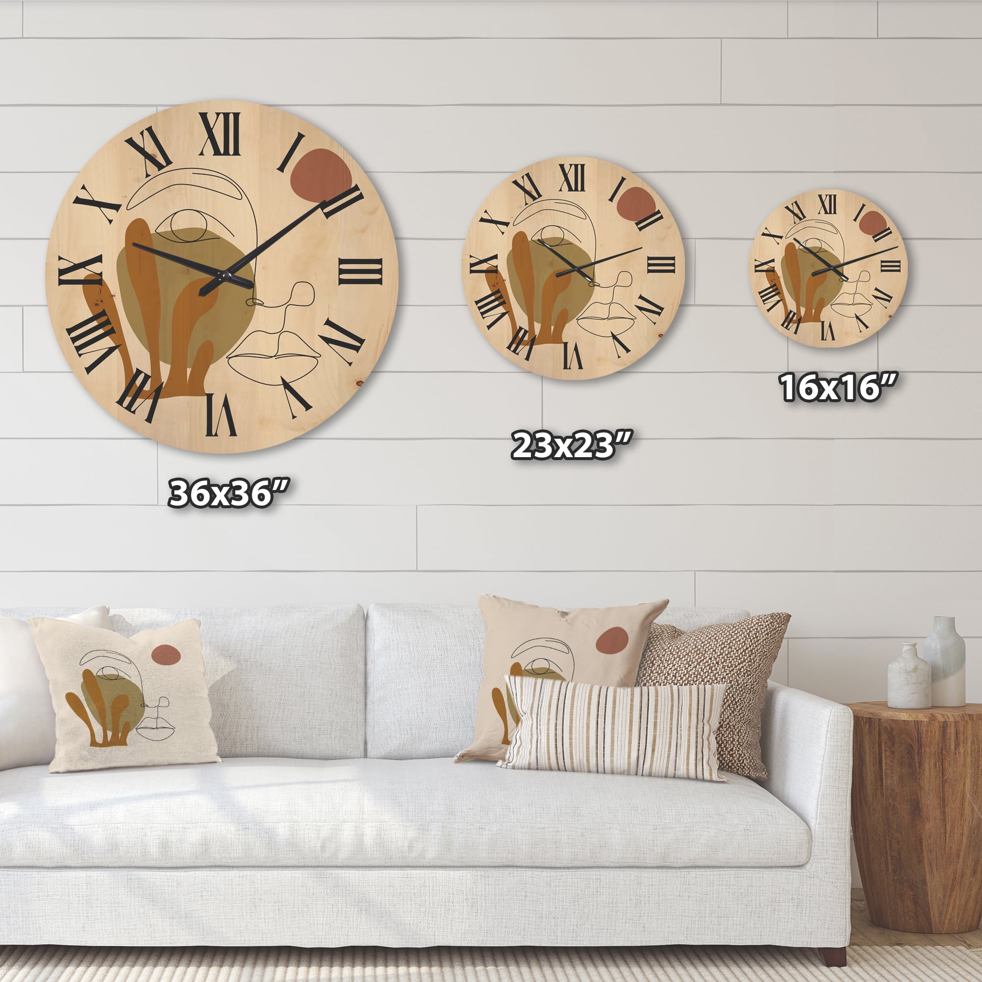 Designart 'One Line Art Portrait of Female In Terracotta Tones' Modern Wood Wall Clock