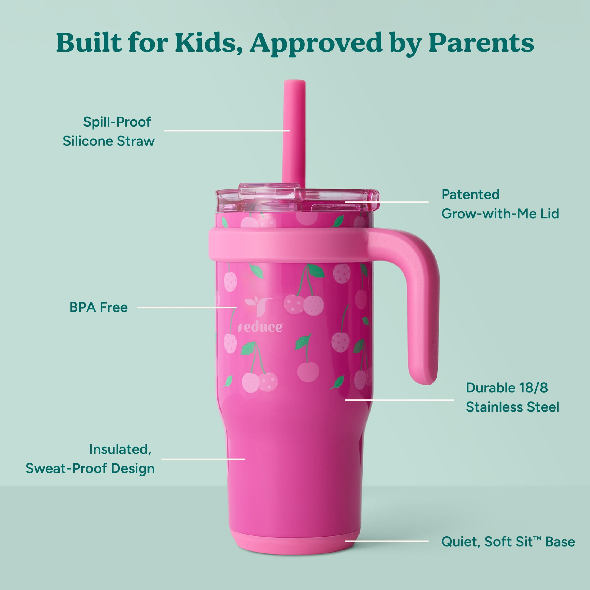 Reduce Coldee Kids Tumbler with Spill-Proof Straw & Handle. Insulated Stainless Steel 18 oz, Cheeky Cherries