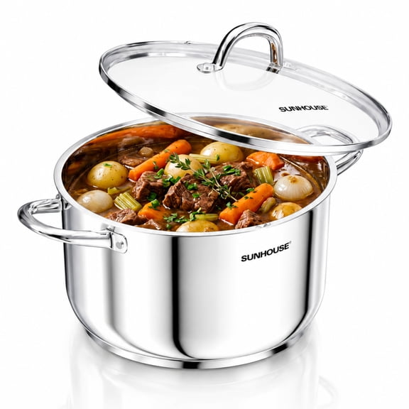 Sunhouse Stock Pot with Lid - 13 QT Large Pot for Cooking Pasta, Soup, Spaghetti - Impact Bonding Base Big Stainless Steel Pots for Canning, Boiling - Oven Safe & Induction Compatible Cookware