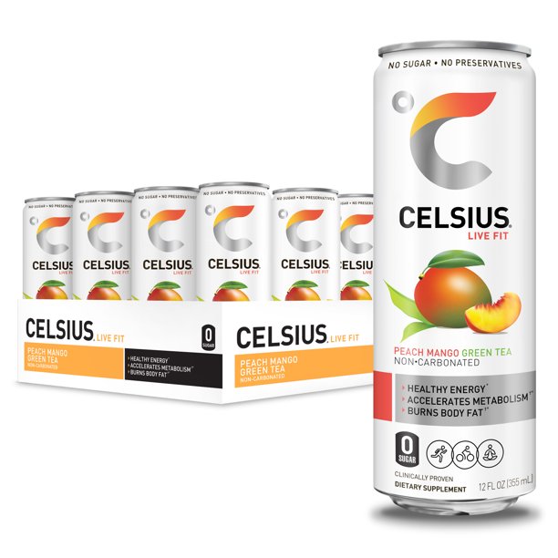 CELSIUS Peach Mango Green Tea Non-Carbonated Fitness Drink, Zero Sugar