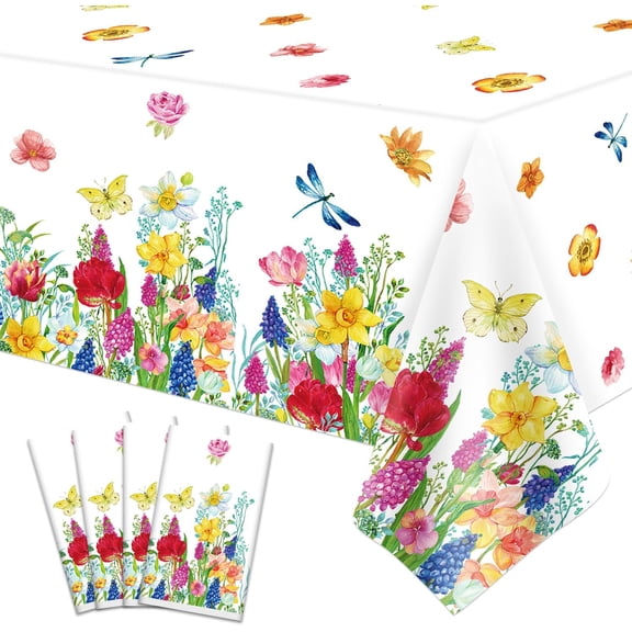 4 Pack Disposable Plastic Tablecloth Summer Floral Watercolor Wild Flowers Design Picnic Table Cover Spring Party Decorations 86 X 51 Inch