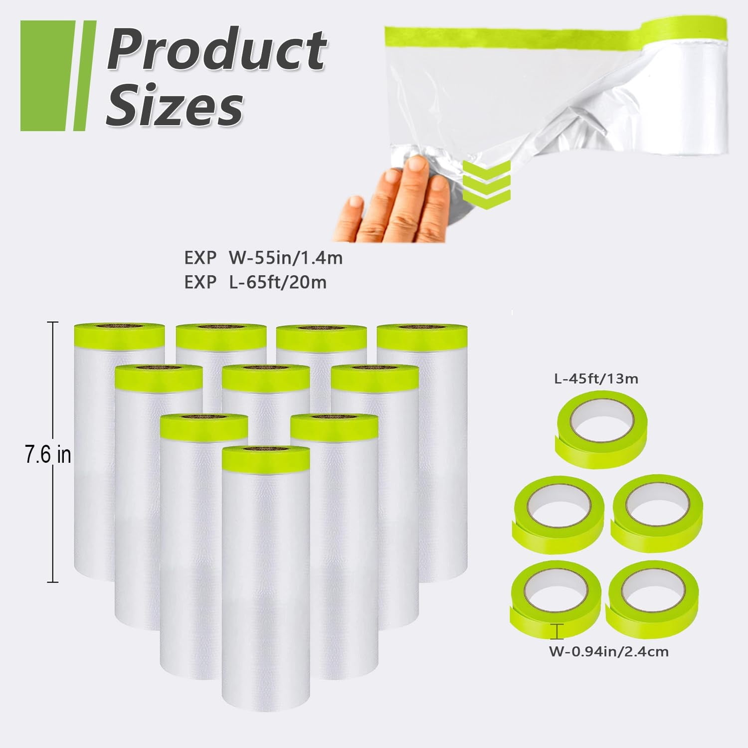 55inx65ft Tape and Drape Painters Paper Rolls, Plastic Painting Film for Automotive Painting Covering （Masking Film:10rolls,Tape:5rolls）