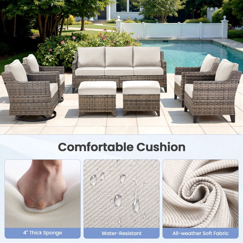 PARKWELL 8 Piece Outdoor Patio Furniture Set with Fire Pit Table,All-Weather Conversation Set with 4-Inch Thick Cushions,4 Swivel Glider Chair,7-Seat Furniture Sets for Deck, Backyard,Gray/Beige