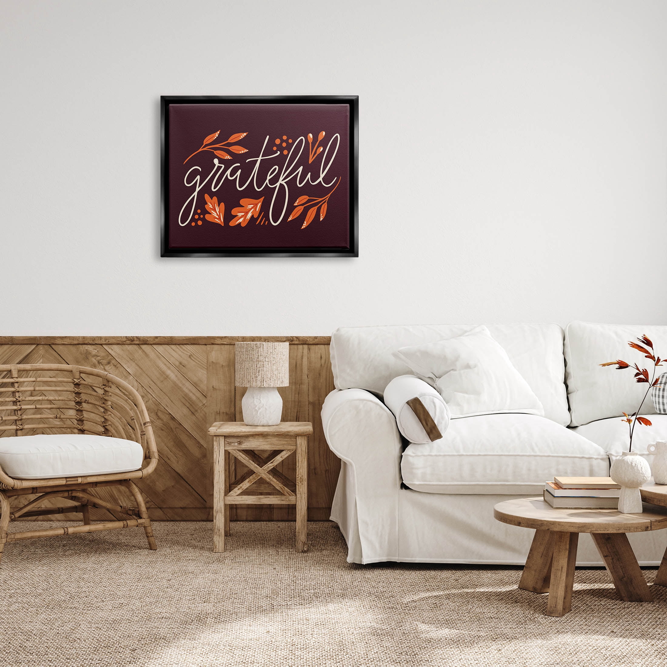 Grateful Autumnal Leaves Phrase Holiday Graphic Art Jet Black Framed Art Print Wall Art