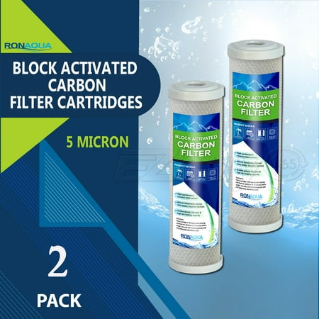

Block Activated Carbon Coconut Shell Water Filter Cartridge 5 Micron for RO & Standard 10” Housing by Ronaqua (2 Pack)