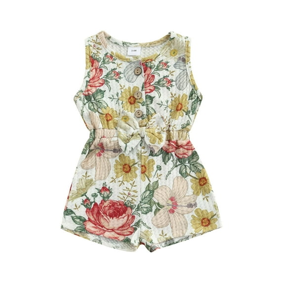 Qiylii Baby Girl's Flower Print Romper, Sleeveless Bowknot Button Bodysuit