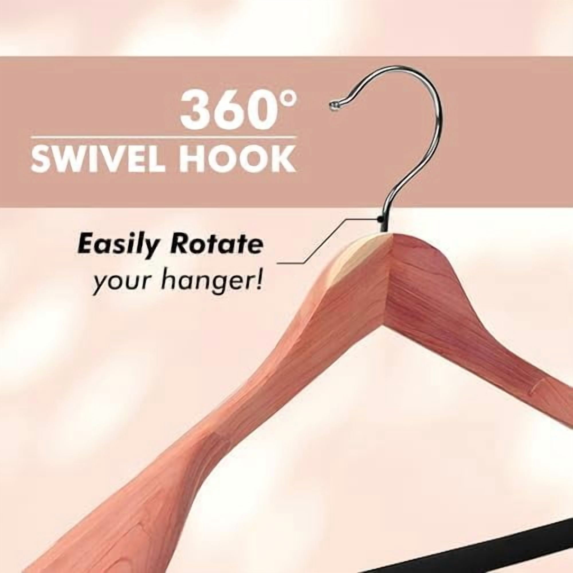 Cedar Hangers for Closet - 5 Pack Extra Wide Wooden Hangers for Suits, Coat, Dress, Jacket, Clothes Storage - Non Slip Foam Padded Pant Bar with 360° Swivel Hook, Aromatic American Cedar Wood