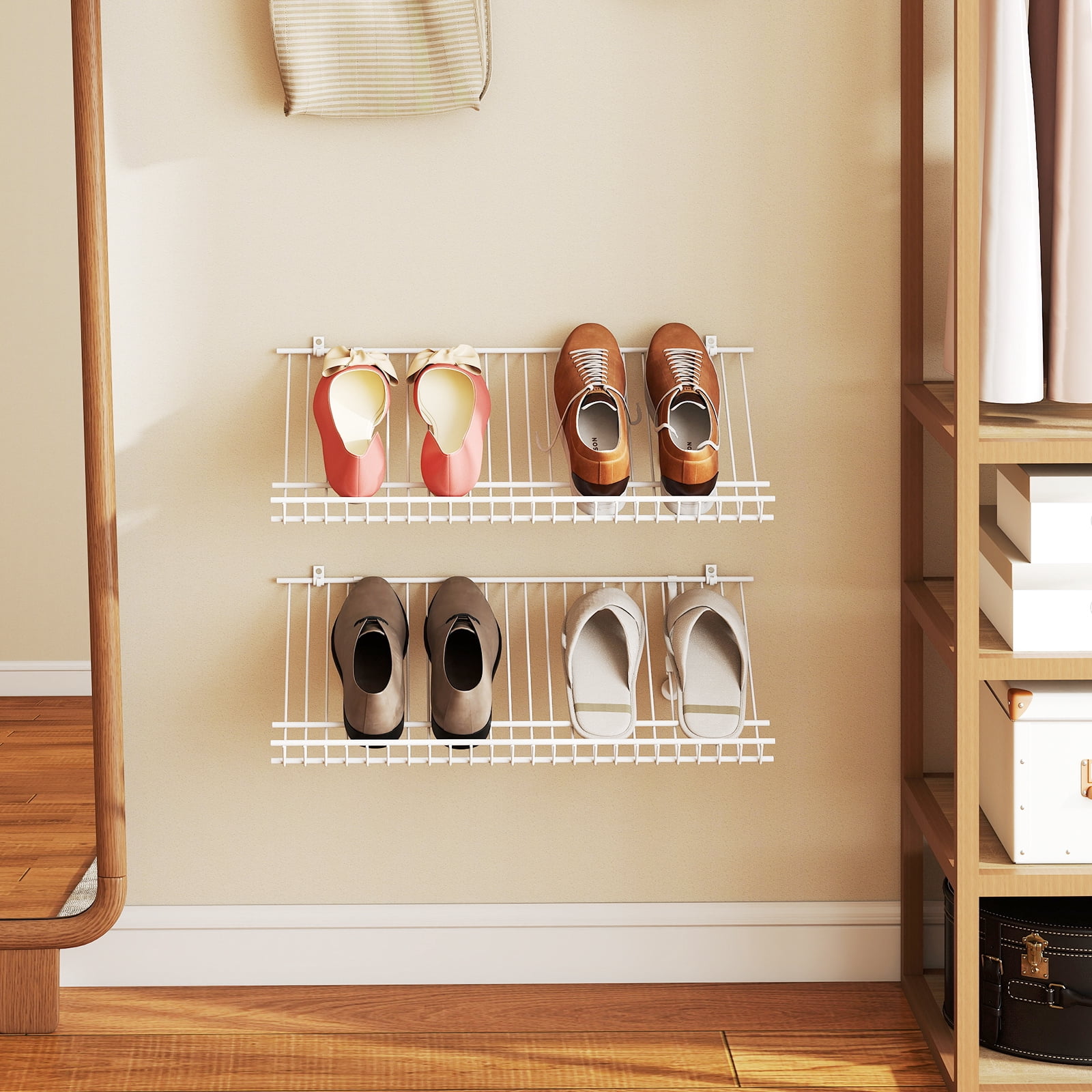 Gymax Set of 2 Metal Wire Shelving Unit Sloping Shoe Racks w/ Heightened Edge