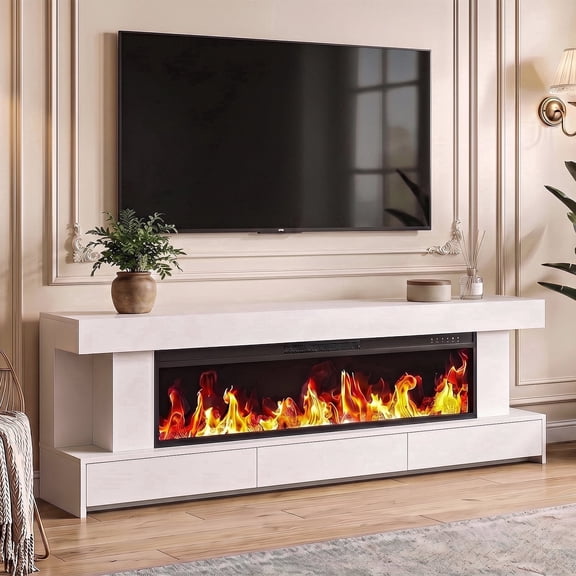 66.2" White Electric Fireplace TV Stand for 75 Inch TV, Modern Heated Entertainment Center with Fireplace & 3 Drawers for Living Room