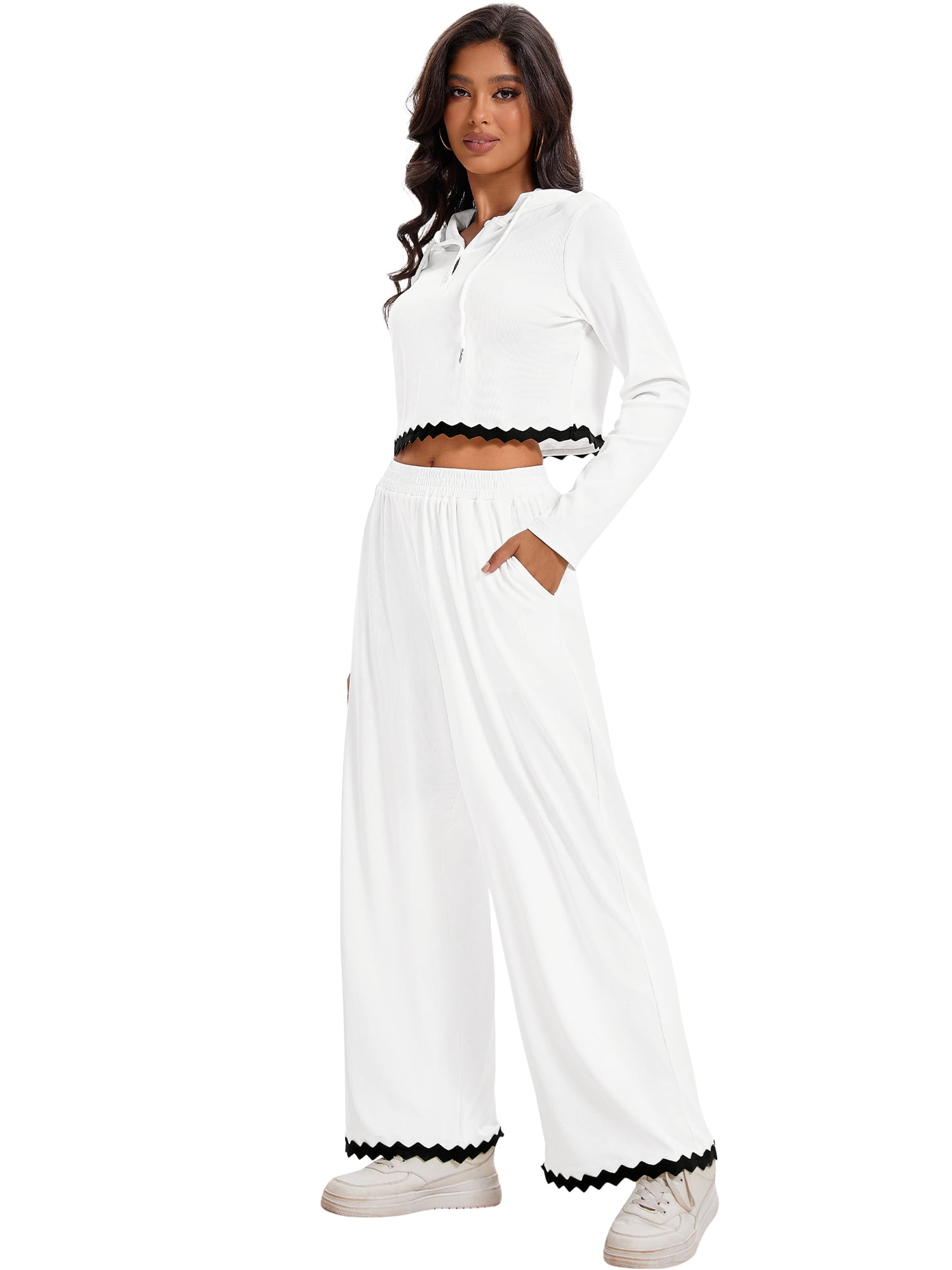 Unique Bargains Two Pieces Sets Hoodie Top Wide Leg Pants Tracksuit S White Black
