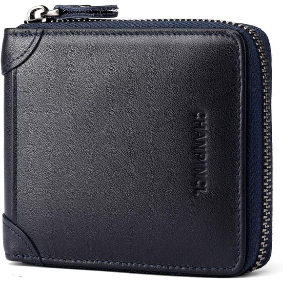 Cartera de Cuero Genuino para Hombre con Zíper, RFID, Segura, de Gran Capacidad, Doble Pliegue, Multi-tarjeta, Carteras de Cuero para Hombre y Monedero