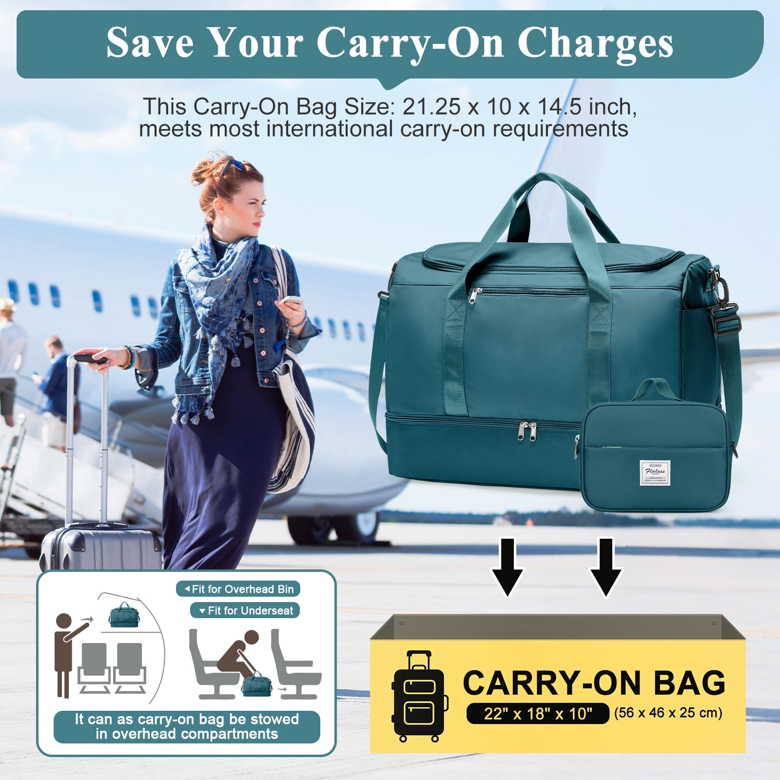 SYCNB Large Travel Duffel Bag, Weekender Overnight Bag for Women, Gym Tote Bag with Shoe Compartment & Toiletry Bag, Carry-On Weekend Bag for Women with Wet Pocket for Travel Business, Peacock Blue