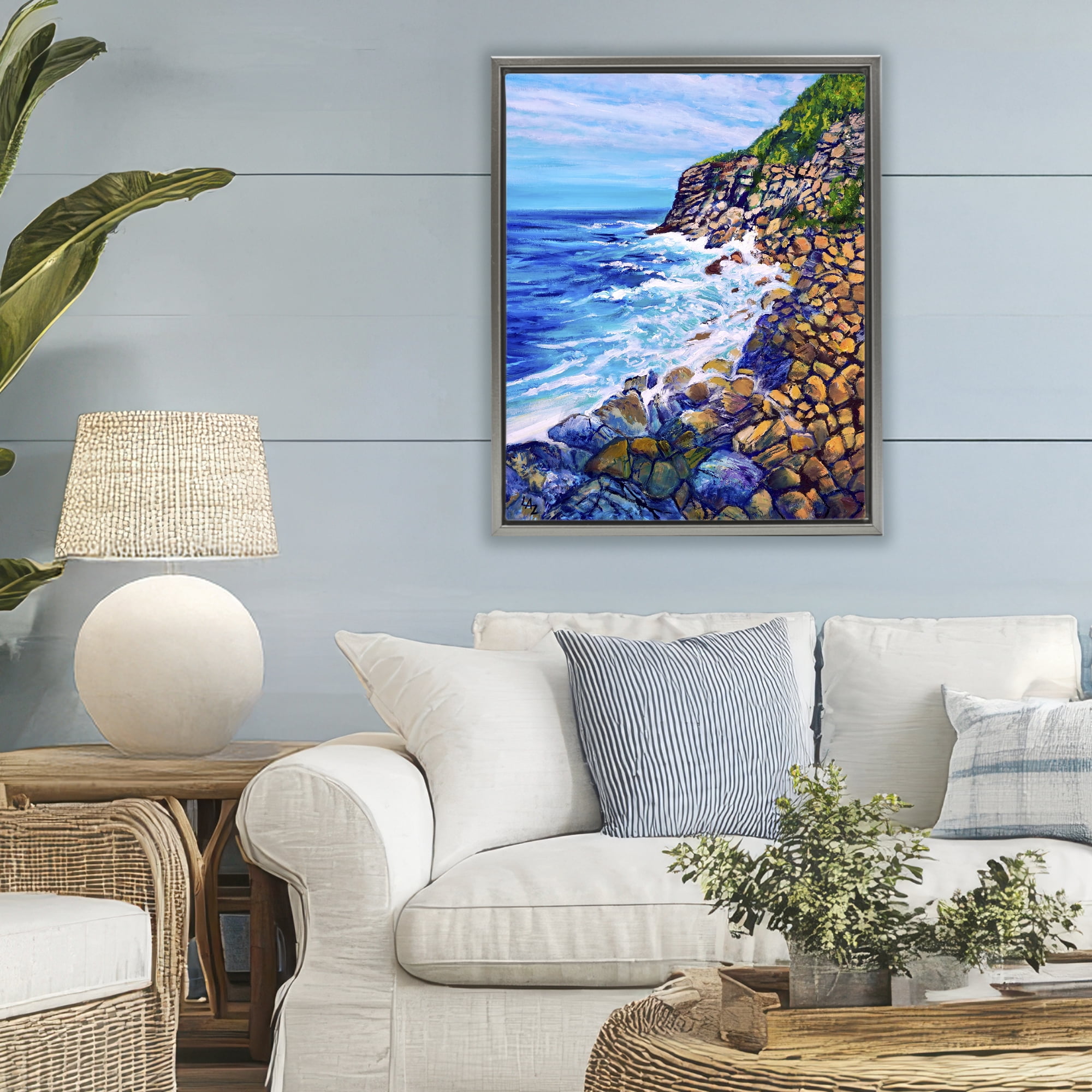Stupell Industries Cliffside Ocean Spray Gray Framed Floater Canvas Wall Art, design by Lee Ann Zirbes