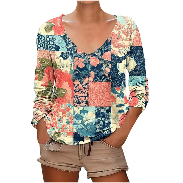 T-shirt Imprimé à Manches Longues pour Femmes, Col Rond, Polyester Léger, Coupe Régulière, Haut d'Été Respirant, Usage Quotidien Décontracté