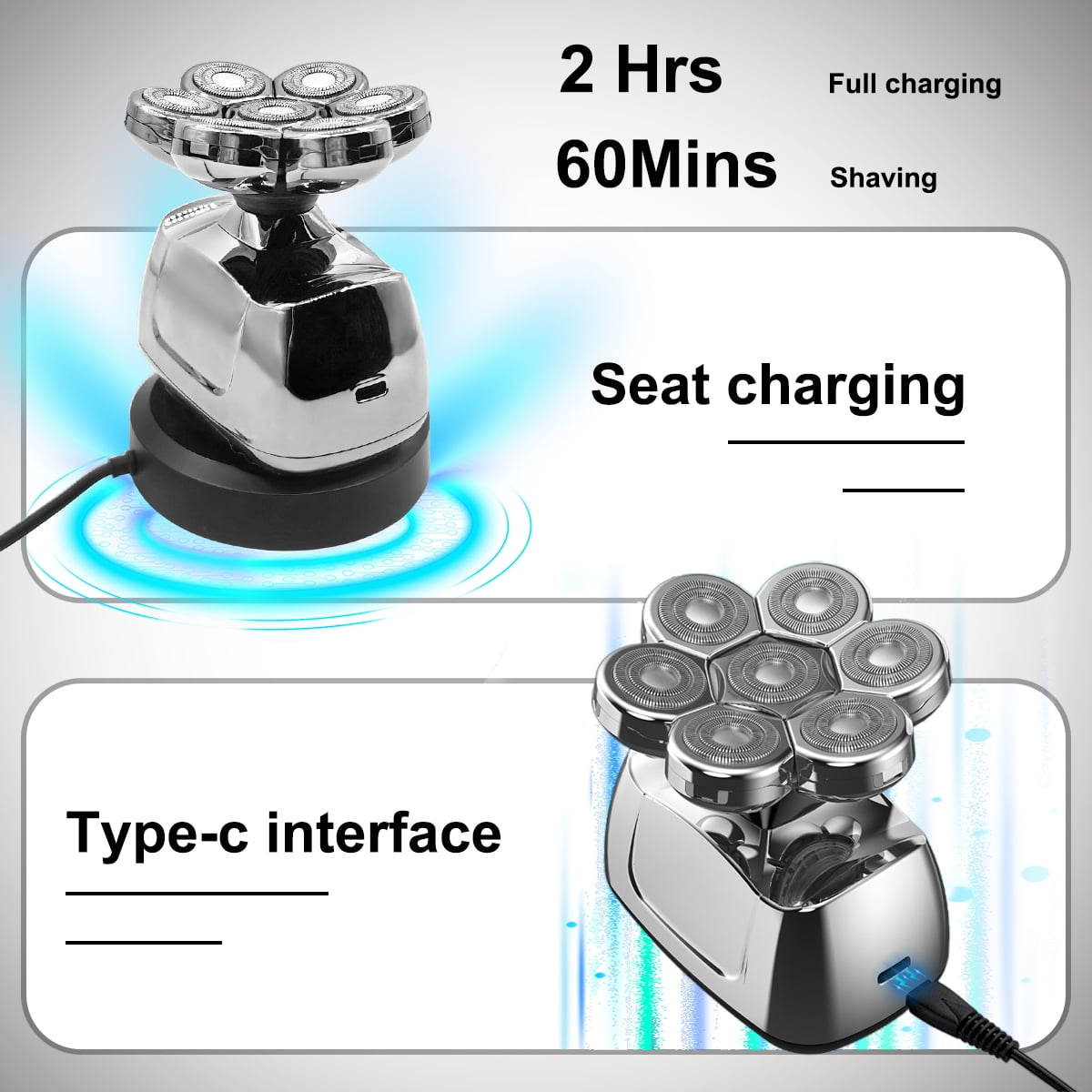 TiokMc 6-in-1 Waterproof Electric Head Shaver for Men, 7D Rotary Blades, LED Display, USB Rechargeable Grooming Kit with Trimmer, Nose Hair Cutter, and Accessories