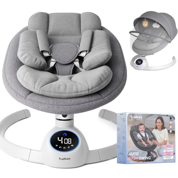 TouHeart Electric Baby Swing, Infant Rocker with Bluetooth & Remote,5 Speeds,10 Lullabies,3 Timing, Grey
