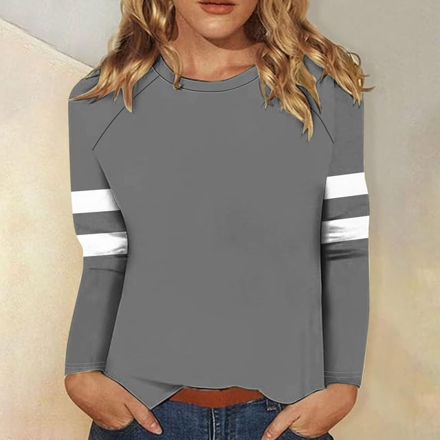 FcBaudy Hauts pour Femmes, Blouses & Chemises à Manches Longues Col Rond, Chemises pour Femmes T-shirt Décontracté à Manches Longues Col Rond Épaule Couture Ample Blouse en Polyester pour Femmes