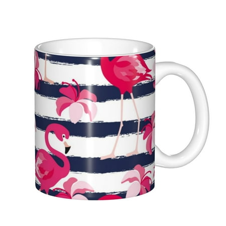 

Zeuib Dark Blue Stripes and Flamingos Ceramic Coffee Mug with Large Handle，Modern Reactive Glaze Dishwasher & Microwave Safe – Perfect for Home Office Café Gift-Ready
