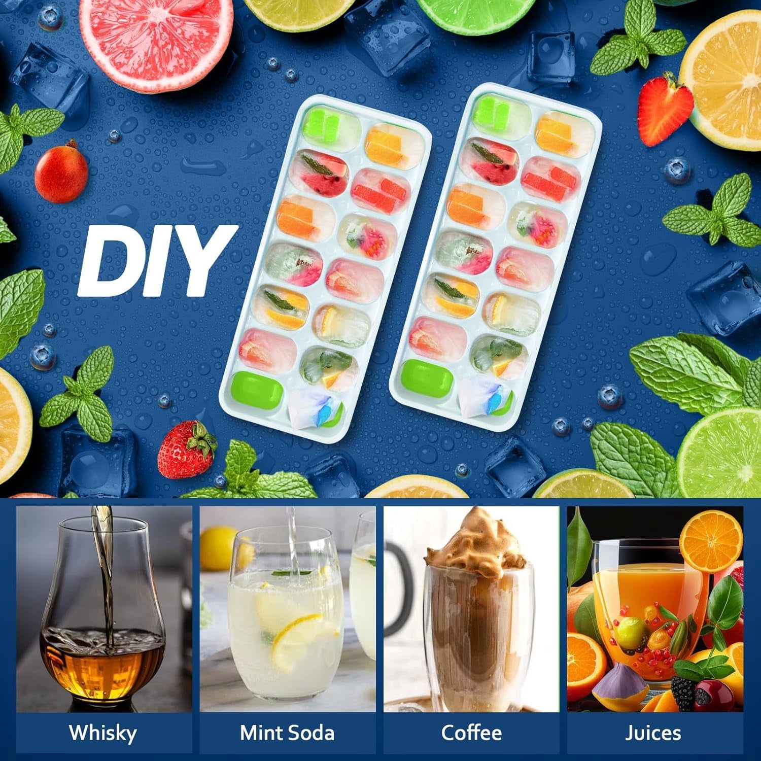 56pcs Ice Cube Tray With Lid And Bin - Stackable 4 Trays Silicone Plastic Freezer Mold  Large Bucket Scoop Tong & 2 Ss Straws Easy Release Maker For Cocktail Coffee Rv