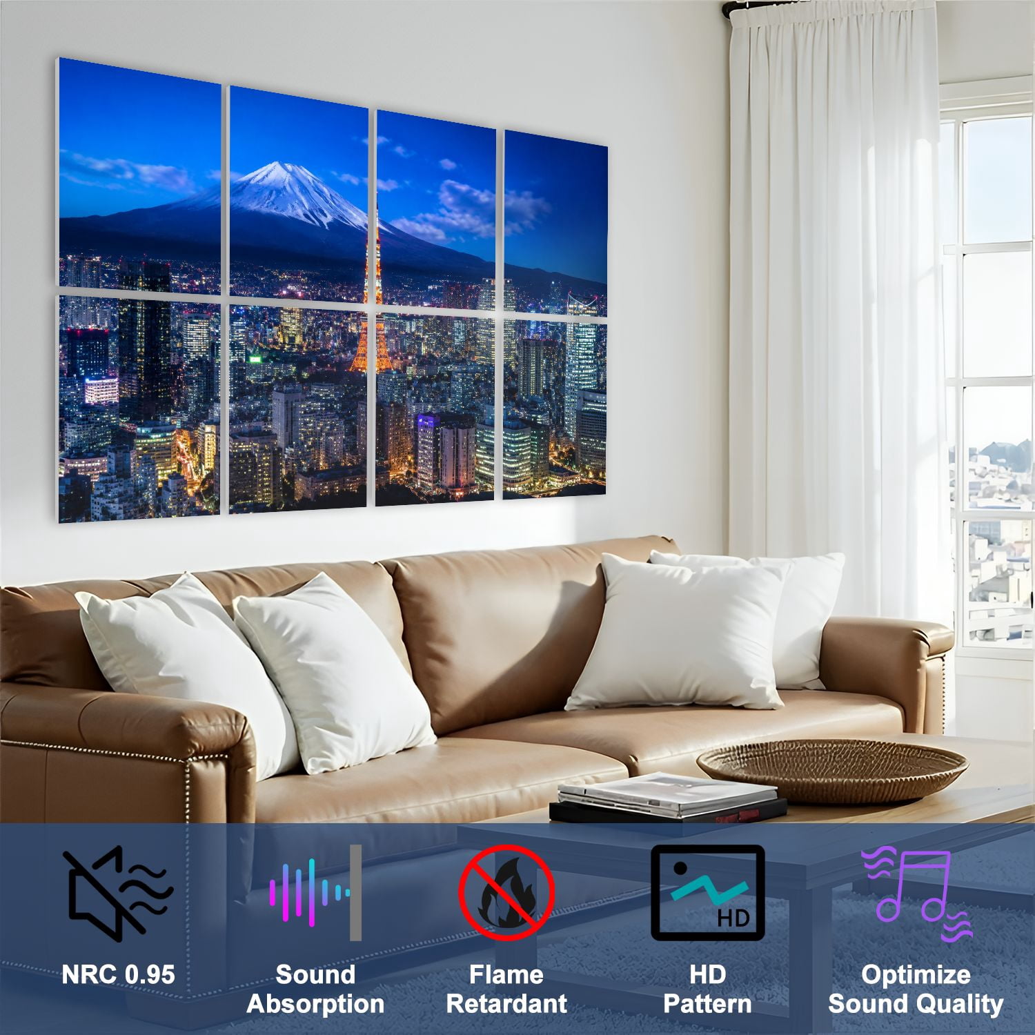 8 Pack Art Acoustic Panels Sound Absorbing Mt Tokyo skyline Decorative Soundproof Wall Panels Self Adhesive for Nursery Game Room Bedroom 48"x32"