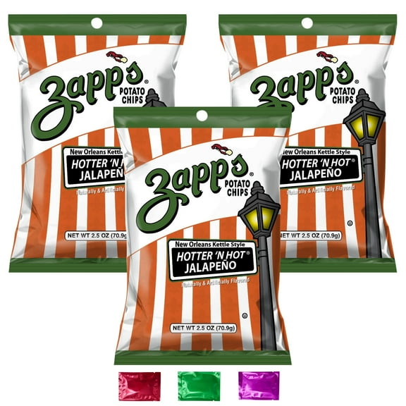 Zapp’s Hotter ‘N Hot Jalapeno New Orleans Kettle Style Potato Chips, Gluten Free Bold Spicy Snacks Treats for Lunch Party Roadtrip Stuffers Snacking 2.5 oz 3 Packs w/ Bonus Snoep in Beperkte Oplage